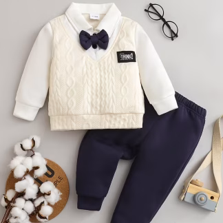 の子用ジェントルマンスタイルのフェイクツーピースセット＆ホワイトシャツカラーパッチワークニットベスト＆ネイビーブルーの蝶ネクタイ＆ネイビーブルーのジョガー